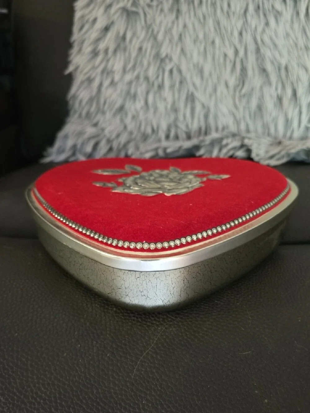 Heart-Shaped Red Velvet Jewelry Box with Silver Rose